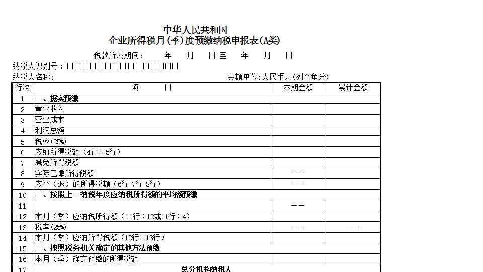 企业所得税季度申报表A类.xls