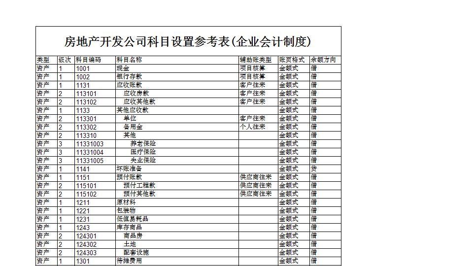 房地产开发企业会计科目表.xls