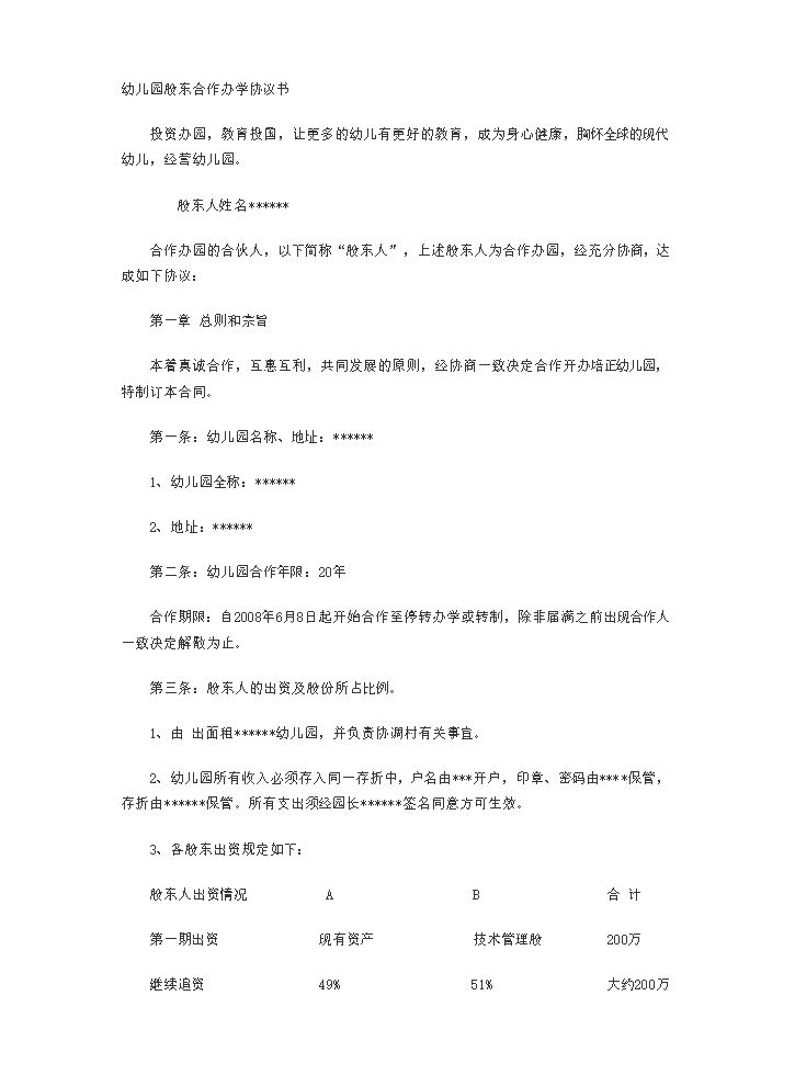幼儿园股东合作办学协议书.doc