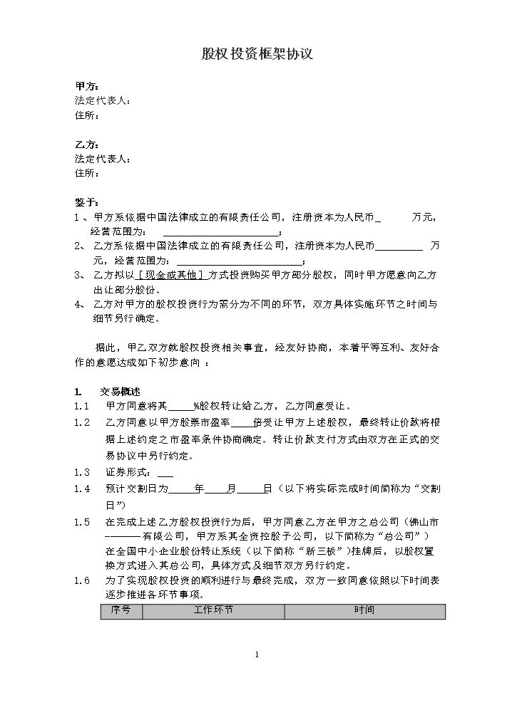 股权投资框架协议(最新版).docx